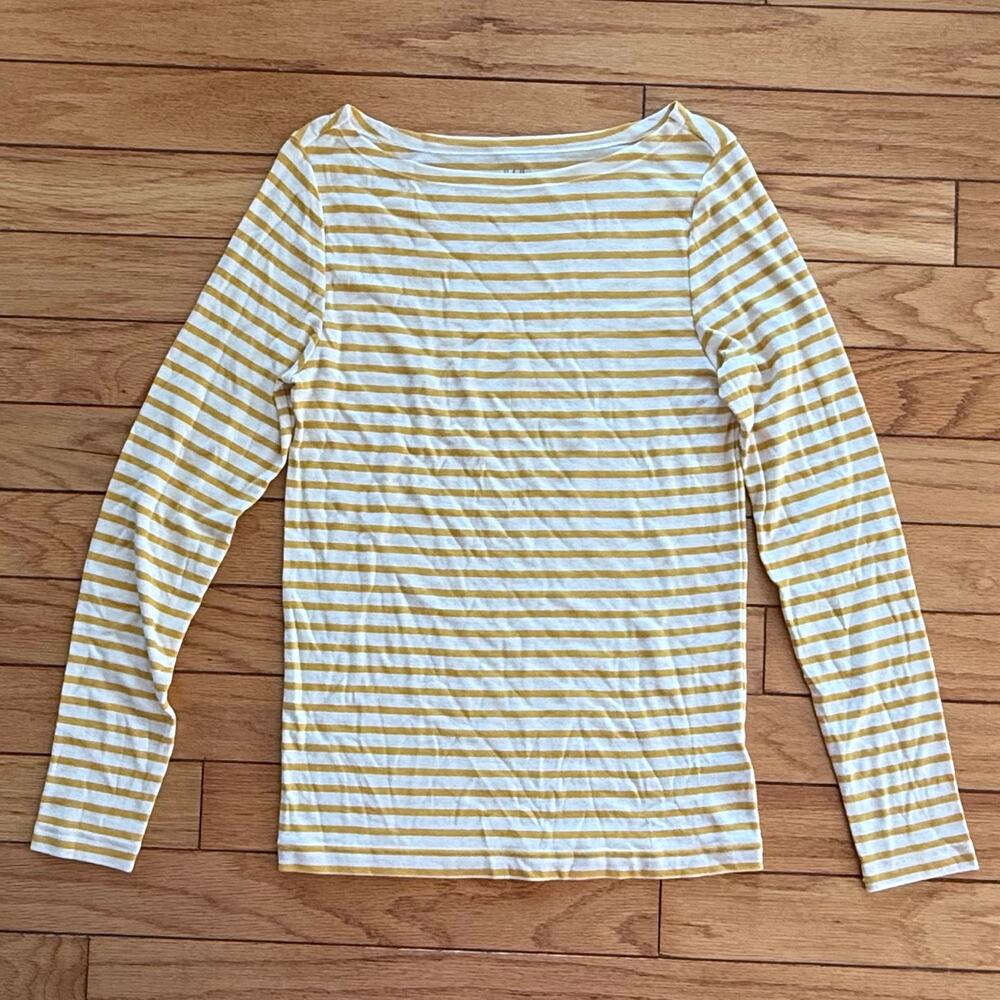 GAP Favorite Long Sleeve Boatneck Top Yellow White Stripe Shirt Size Large